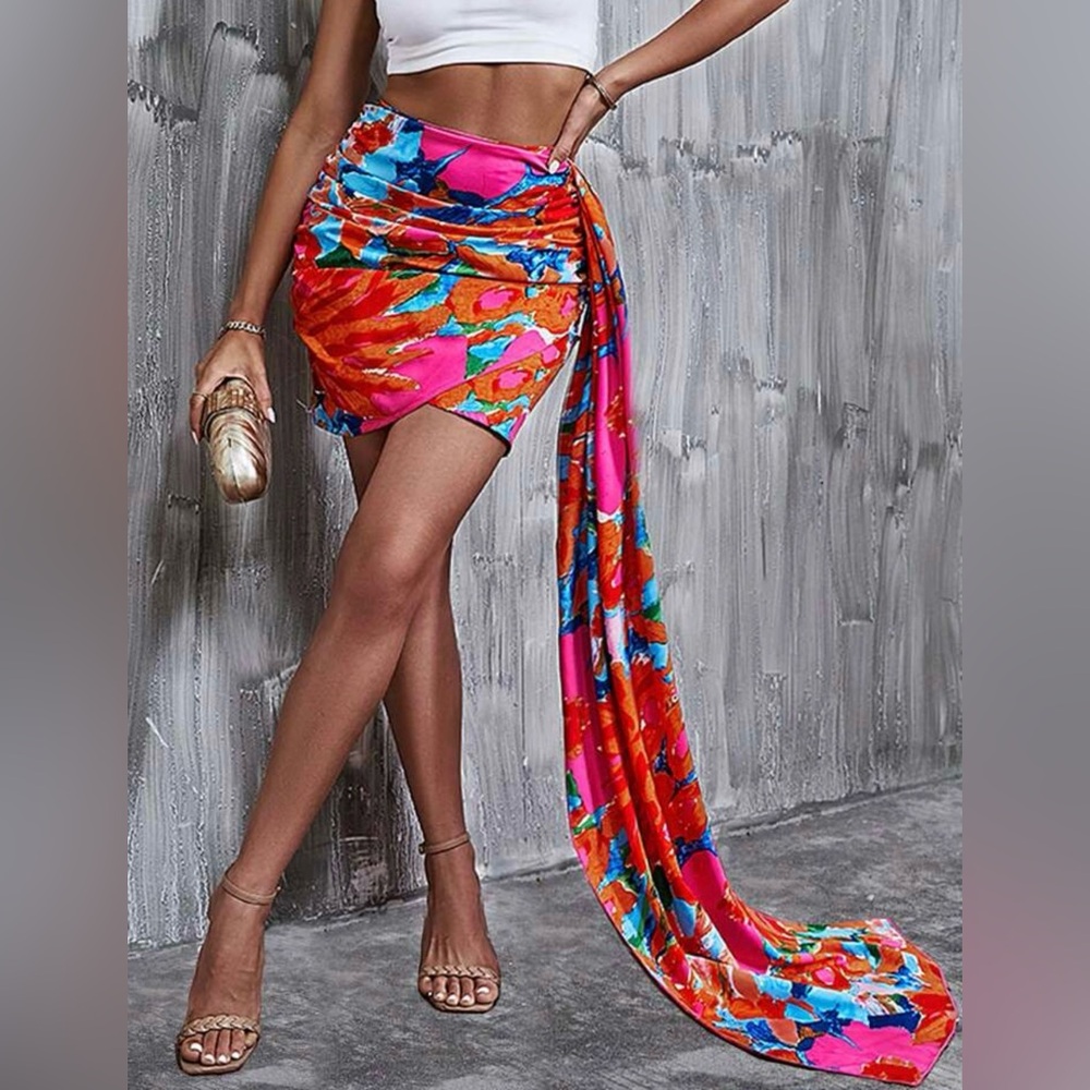 Floral Print Draped Side Multicolor Asymmetrical Wrap Ruched Bodycon Skirt